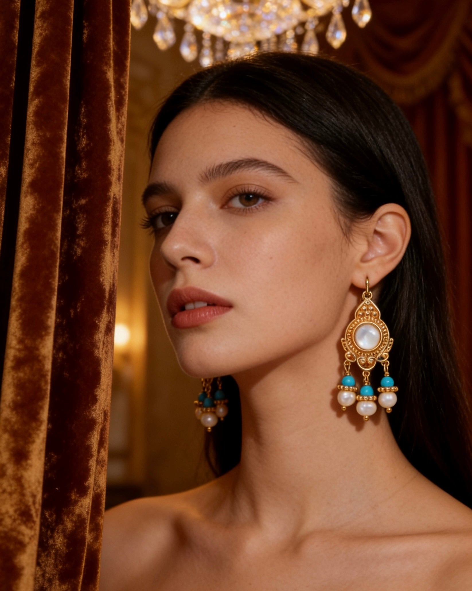 Vintage Court Pearl & Turquoise Earrings | 925 Sterling Silver with Antique Gold Finish