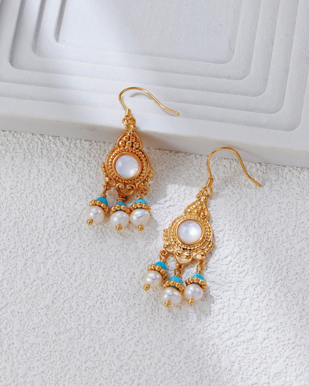 Vintage Court Pearl & Turquoise Earrings | 925 Sterling Silver with Antique Gold Finish
