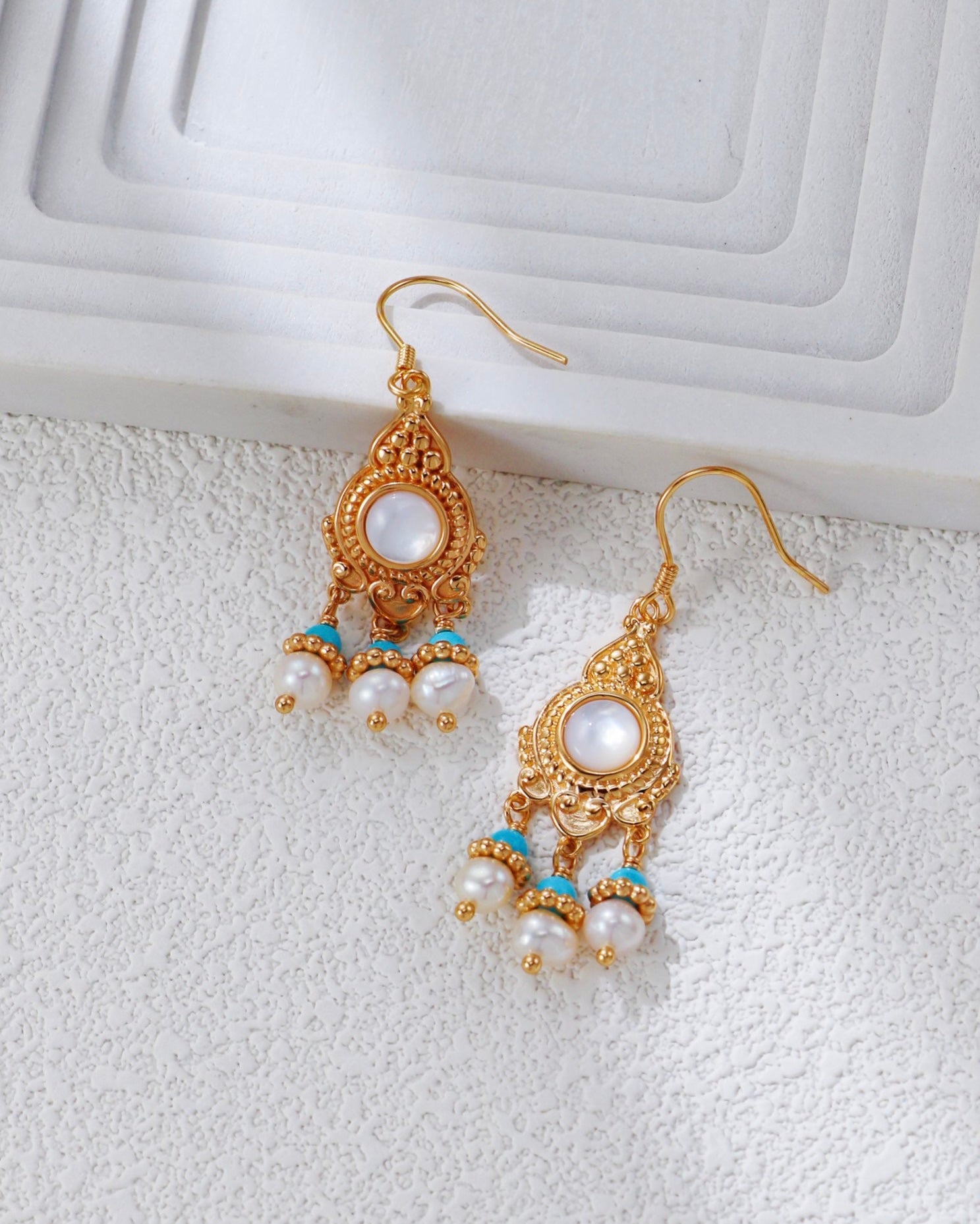 Vintage Court Pearl & Turquoise Earrings | 925 Sterling Silver with Antique Gold Finish