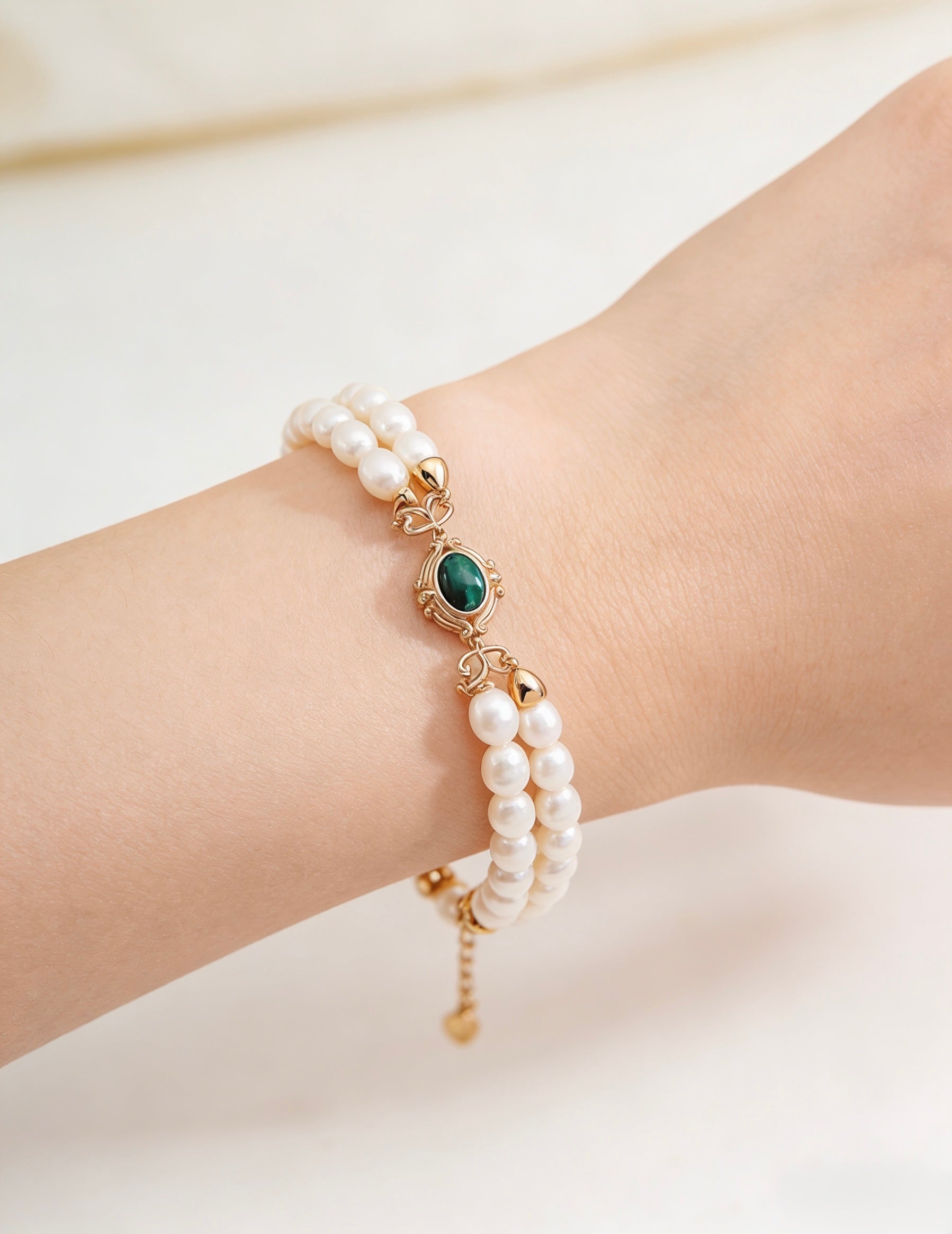 Malachite & Pearl Double-Layer Bracelet | 925 Sterling Silver