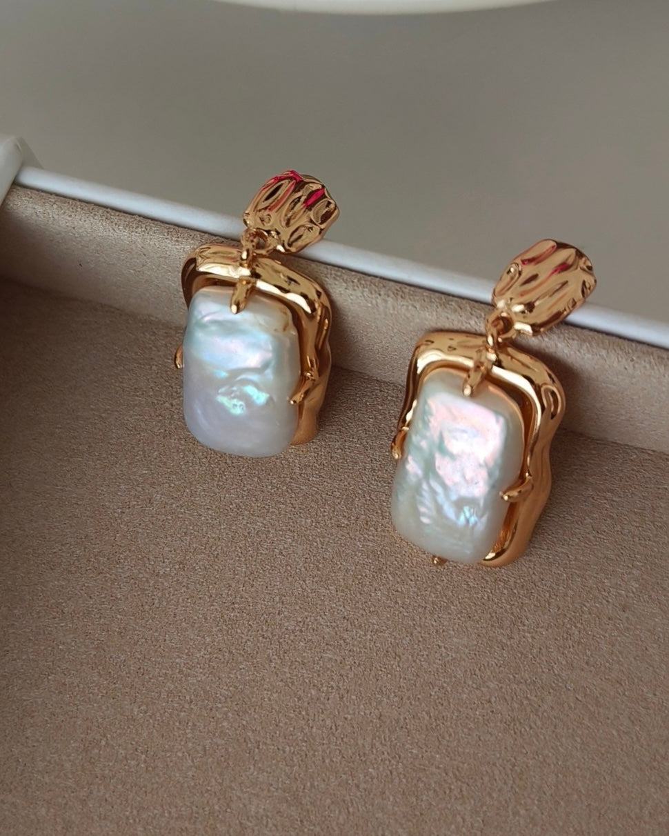 Rectangular Pearl Earrings | 925 Sterling Silver with 18K Gold Plating
