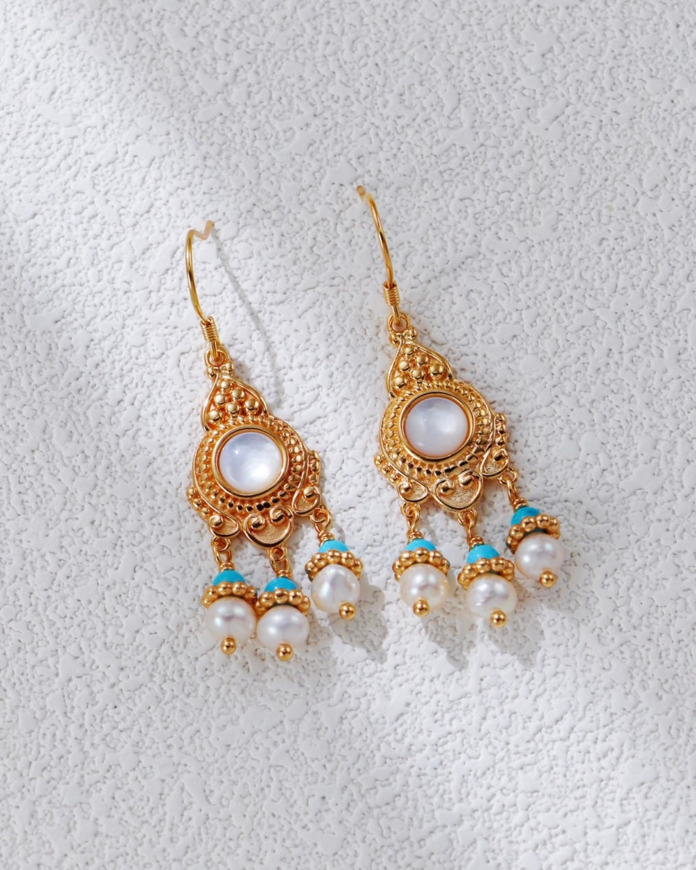 Vintage Court Pearl & Turquoise Earrings | 925 Sterling Silver with Antique Gold Finish