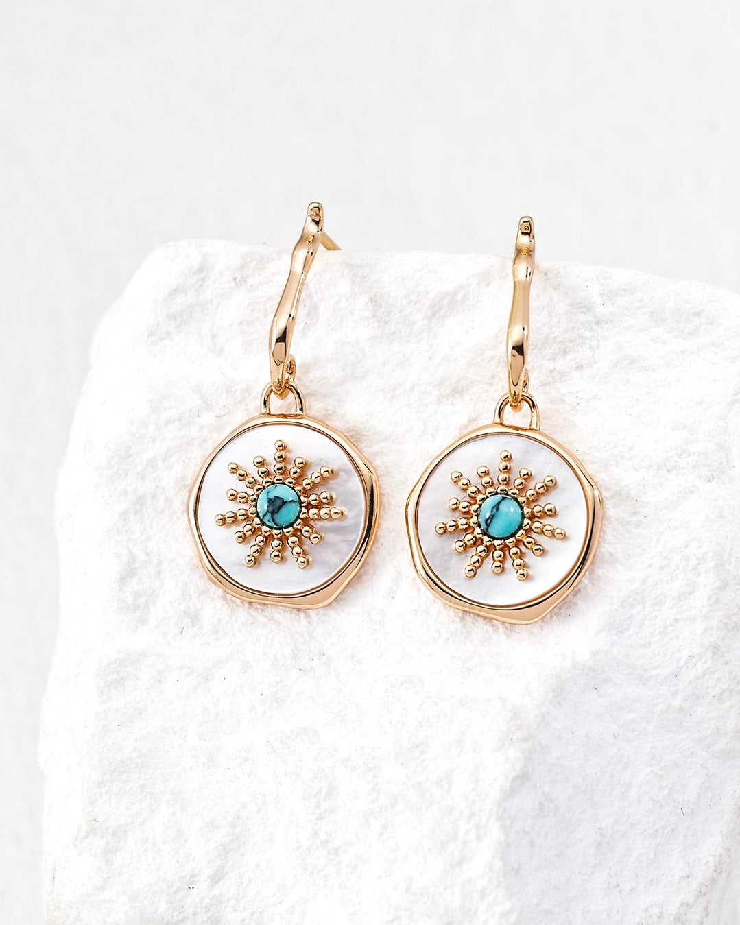 Turquoise & Mother-of-Pearl Earrings | 925 Sterling Silver with Antique Gold Finish