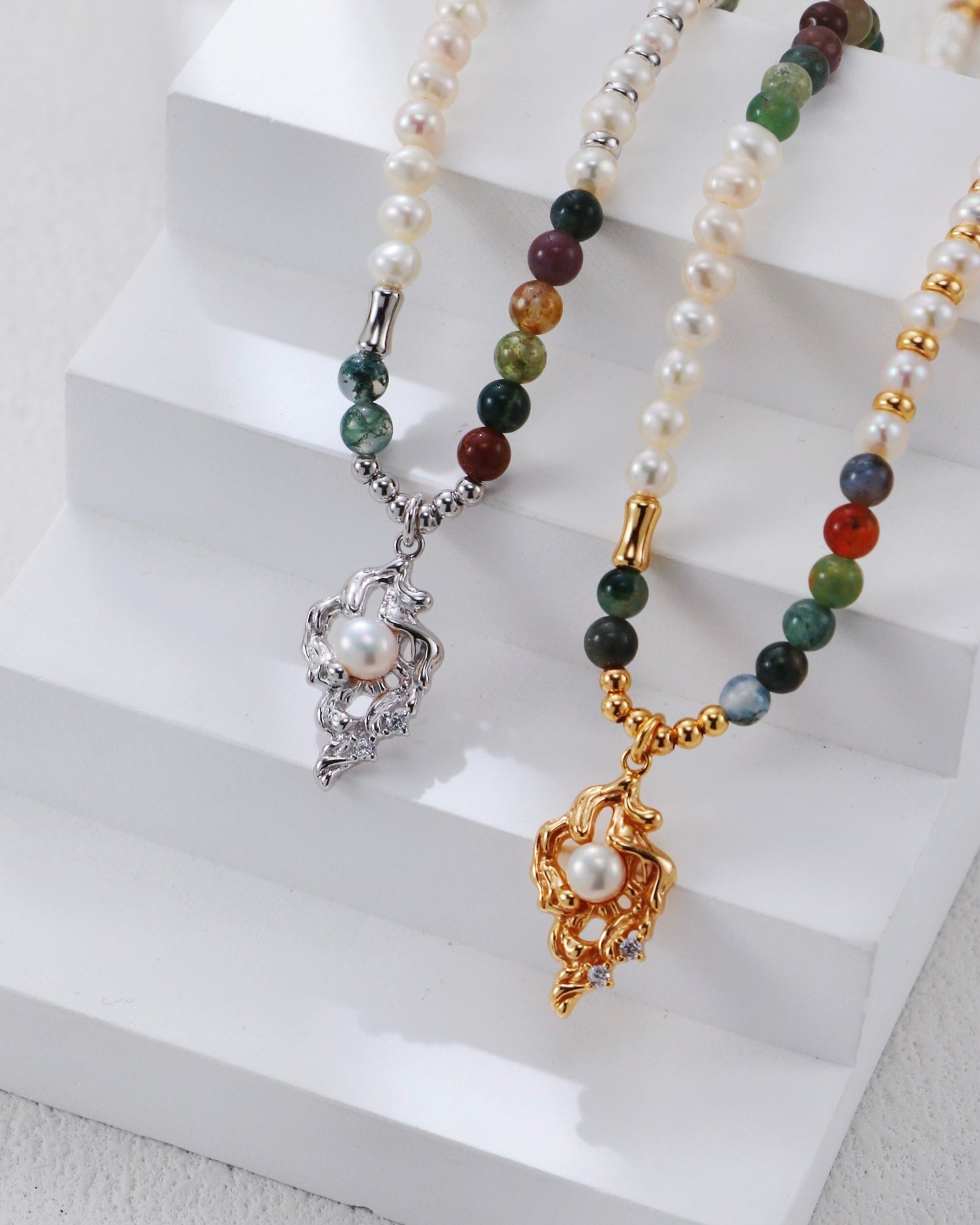 Rainbow Agate & Pearl Necklace | 925 Sterling Silver