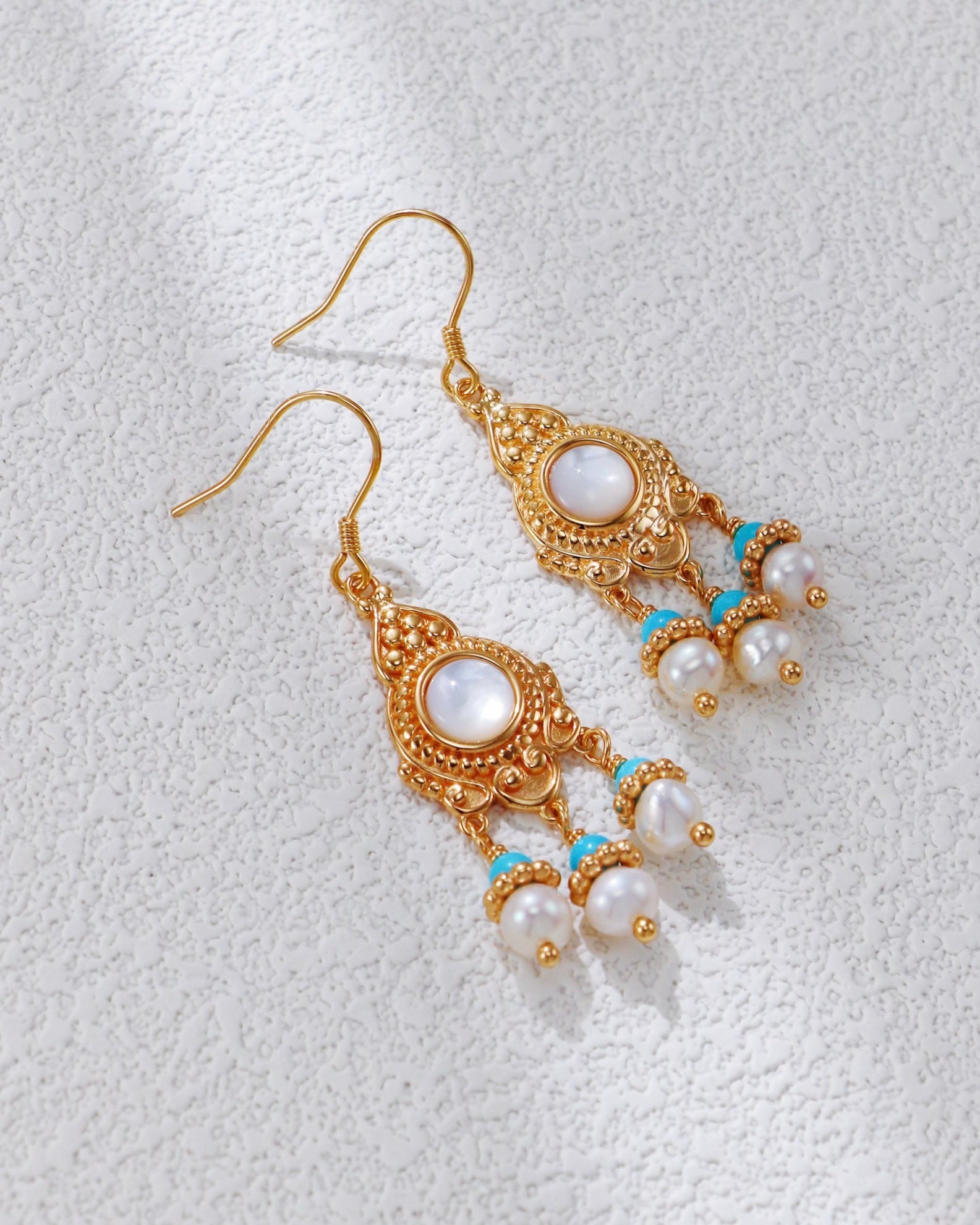 Vintage Court Pearl & Turquoise Earrings | 925 Sterling Silver with Antique Gold Finish