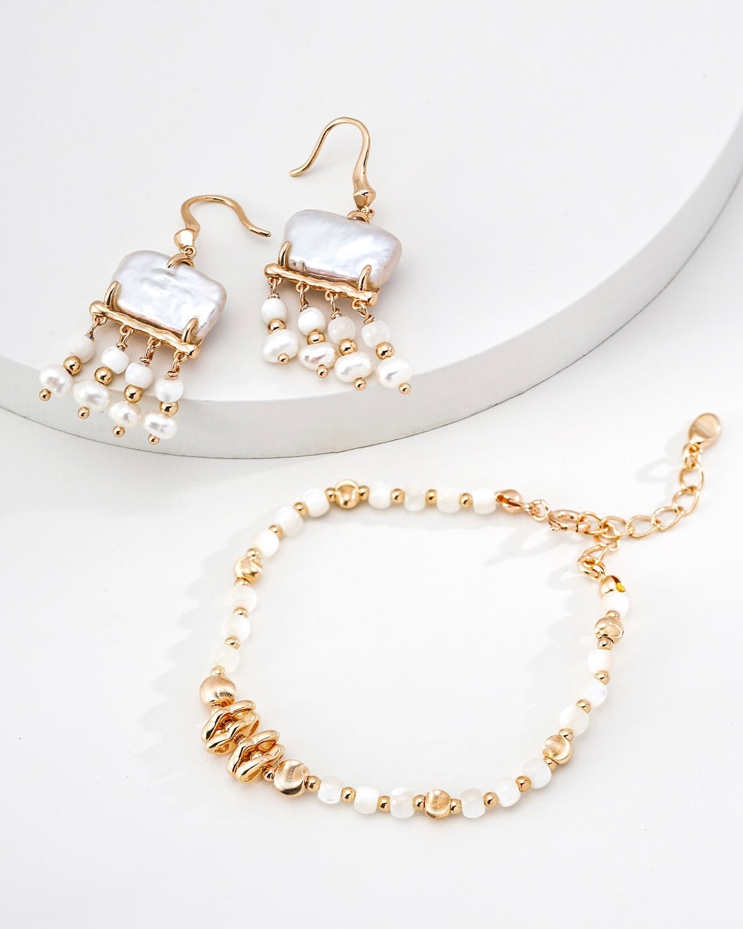 Pearl & Mother-of-Pearl Earrings | 925 Sterling Silver with Antique Gold Finish