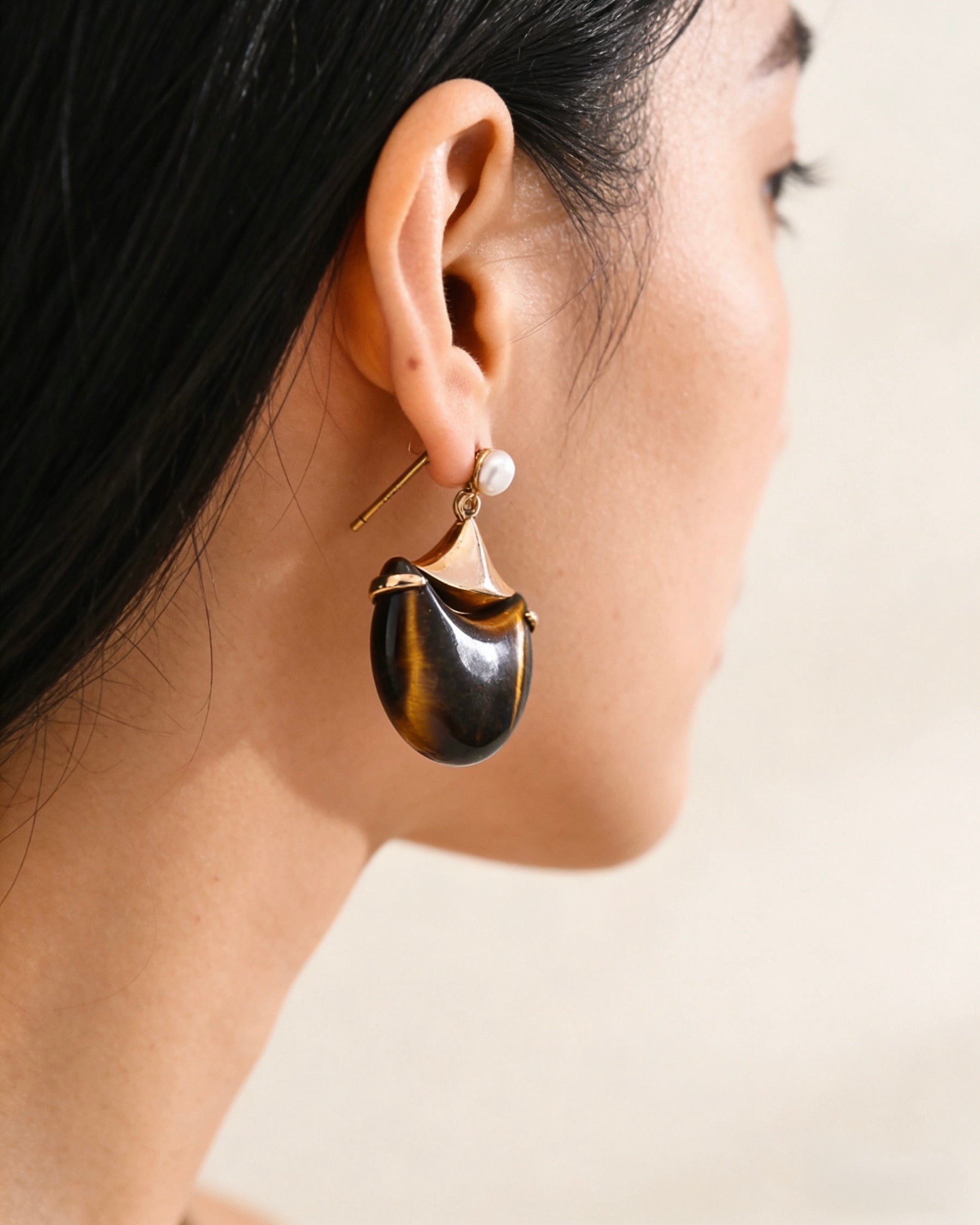 “Jin Dou Fu” Tiger‘s Eye Earrings | 925 Sterling Silver with Antique Gold Finish