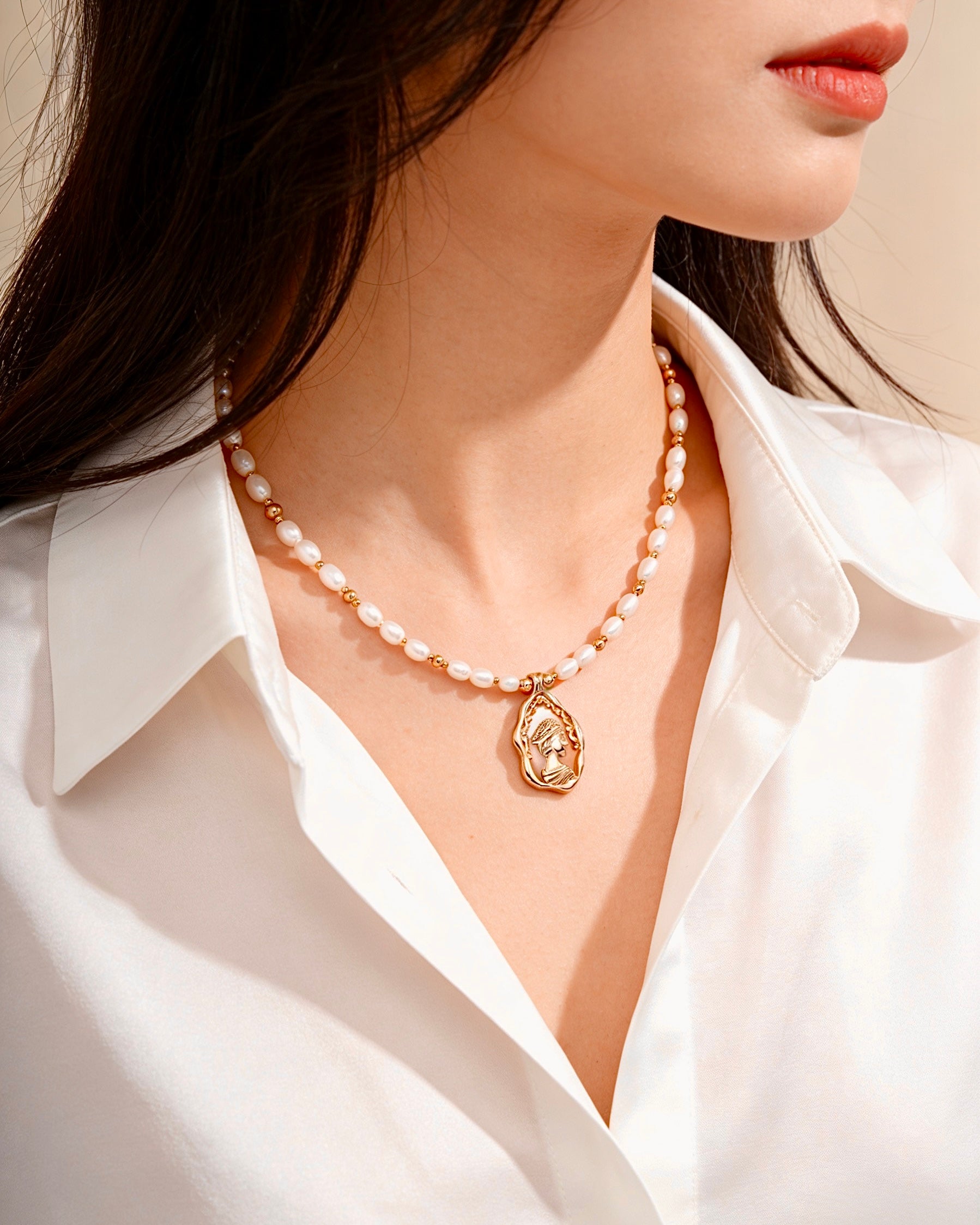 Minimalist Pearl Pendant Necklace | 925 Sterling Silver with Antique Gold Finish