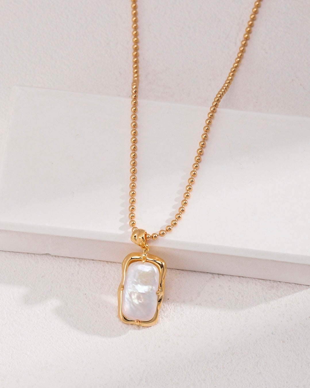 Rectangular Pearl Pendant Necklace | 925 Sterling Silver with 18K Gold Plating