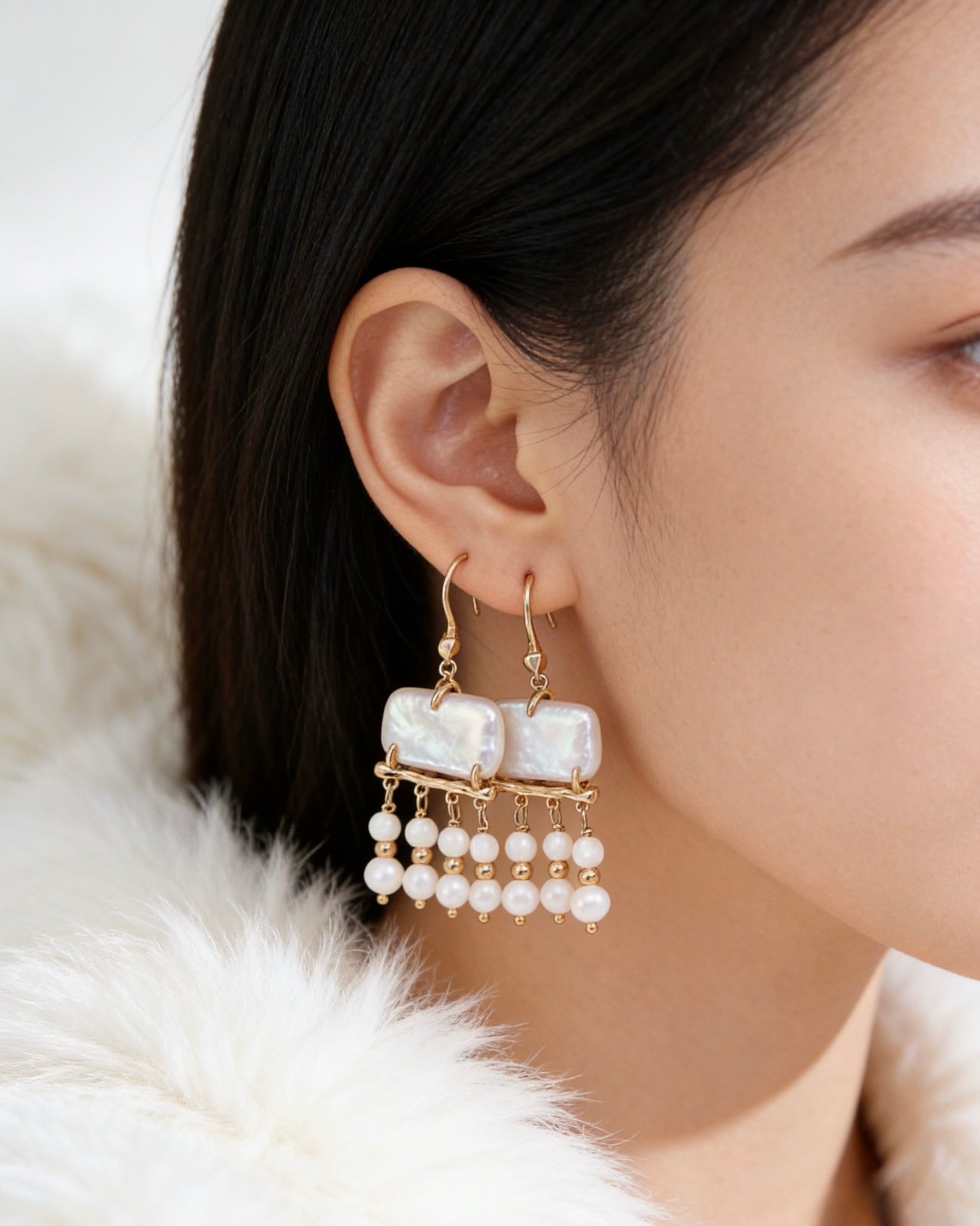 Pearl & Mother-of-Pearl Earrings | 925 Sterling Silver with Antique Gold Finish